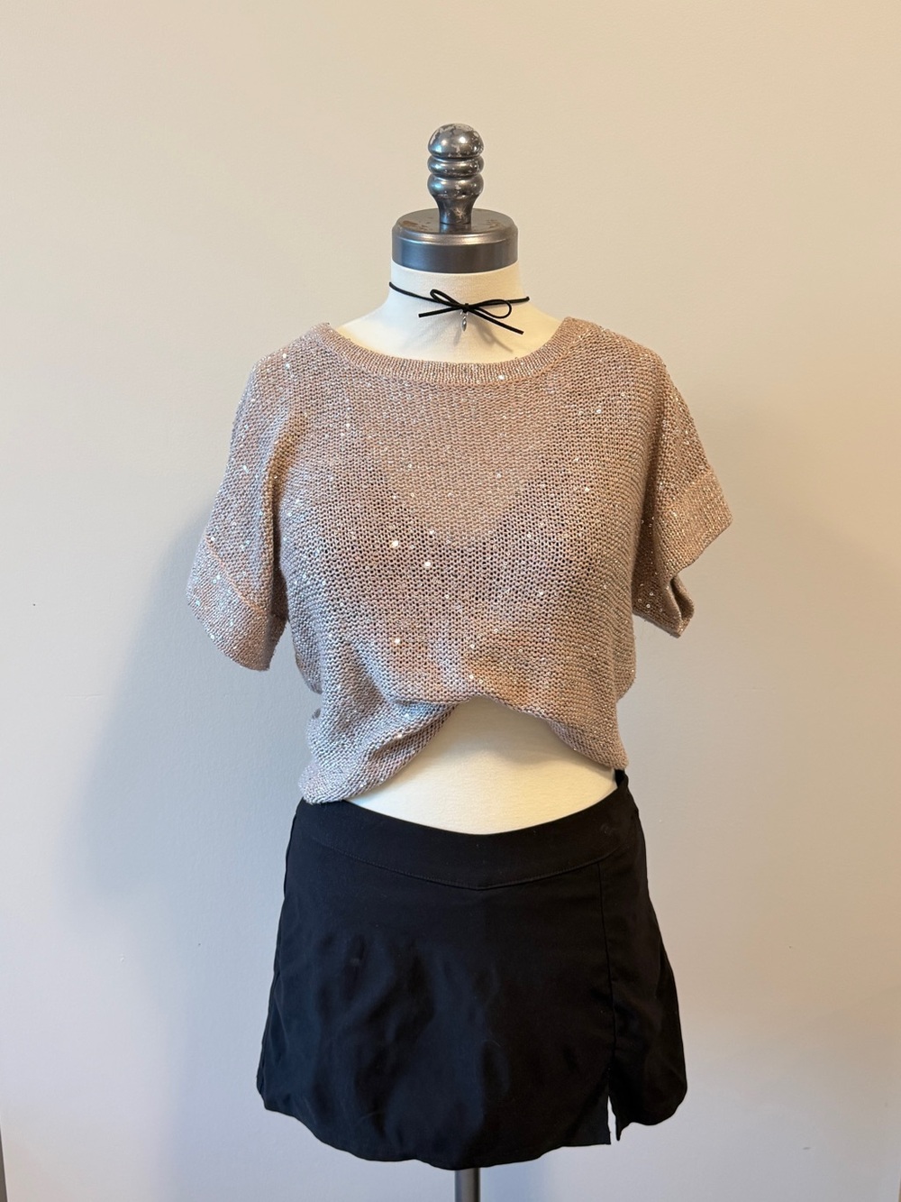Beige Sequin Sheer Open-Knit Crochet Y2K Festival Going-Out Top